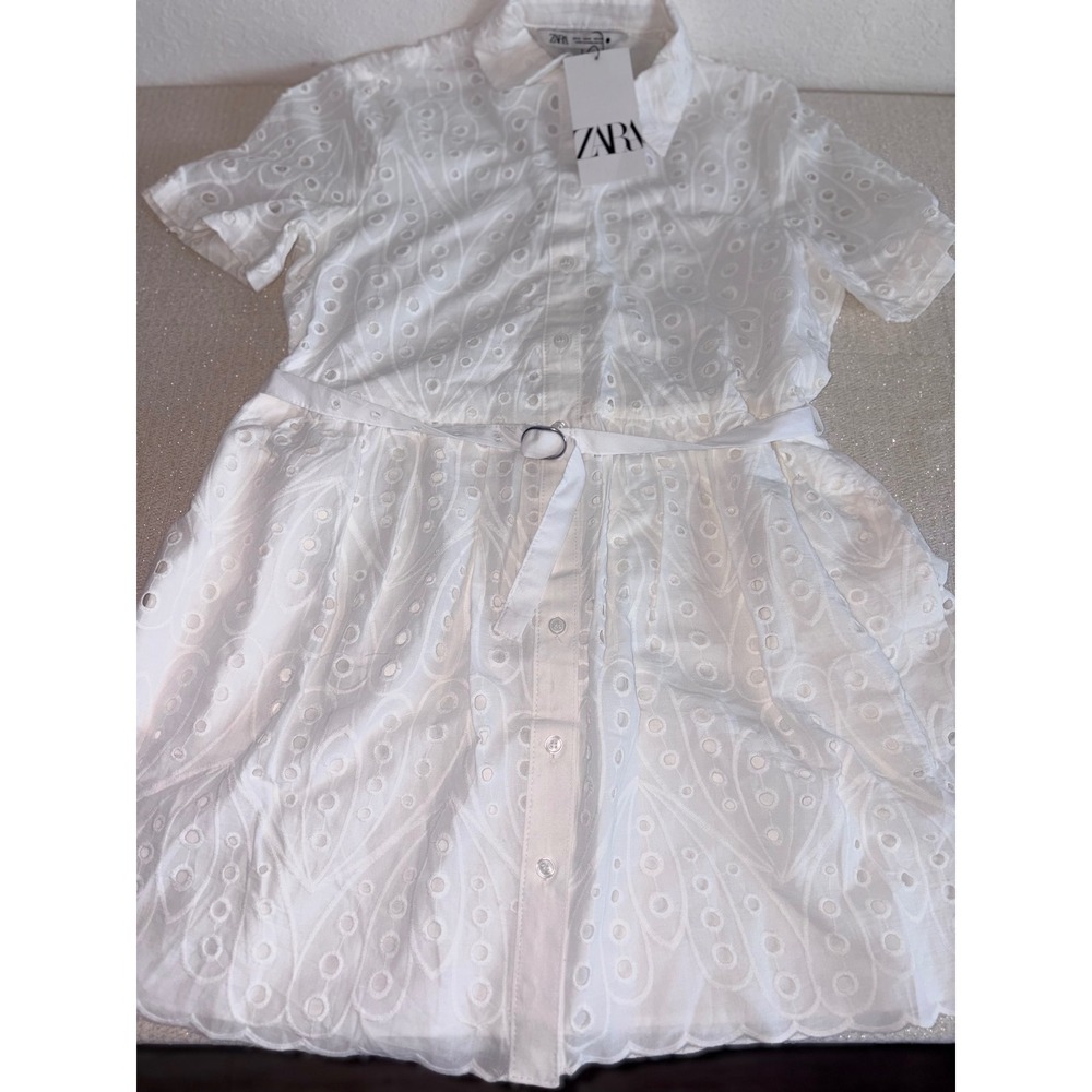 Zara Eyelet Shirt Dress medium White New Belted Scalloped Mini Embroidery - Picture 15 of 16